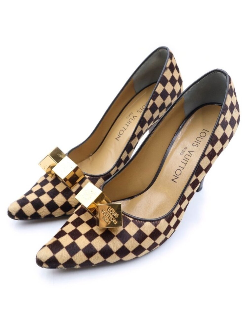 Louis Vuitton Damier Sauvage Calf Hair Logo Cube Heels Pumps Brown